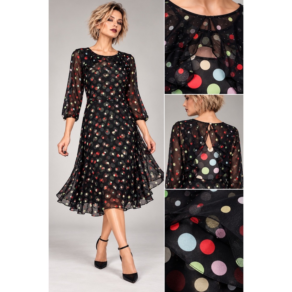 Karl Lagerfeld Paris 10 Black Sheer Polka Dot Layered Ruffle Dress